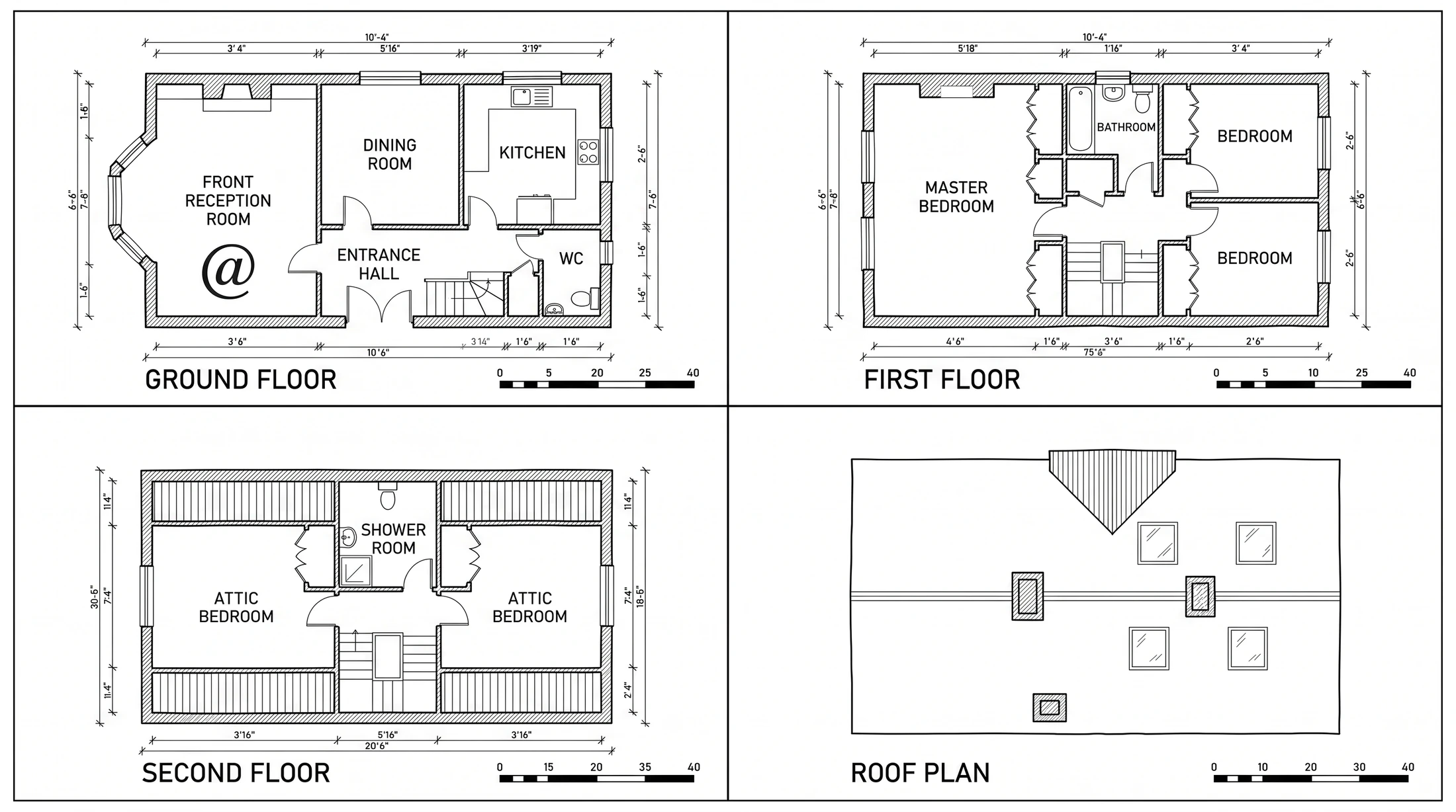 A full measured drawing set: dimensioned ground, first, and second-floor plans with a roof plan and scale bars.