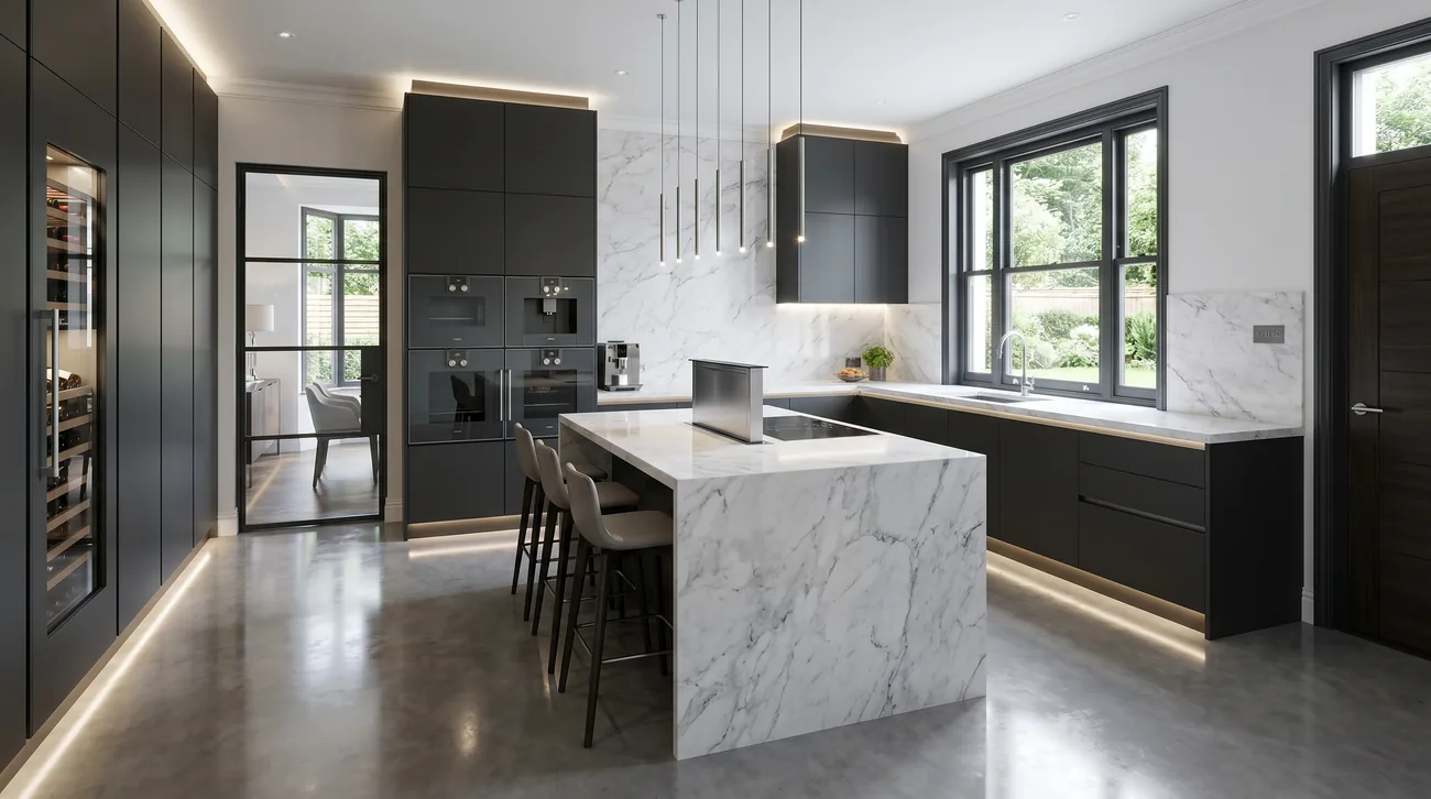 Kitchen visualisation with dark cabinetry and a marble island.