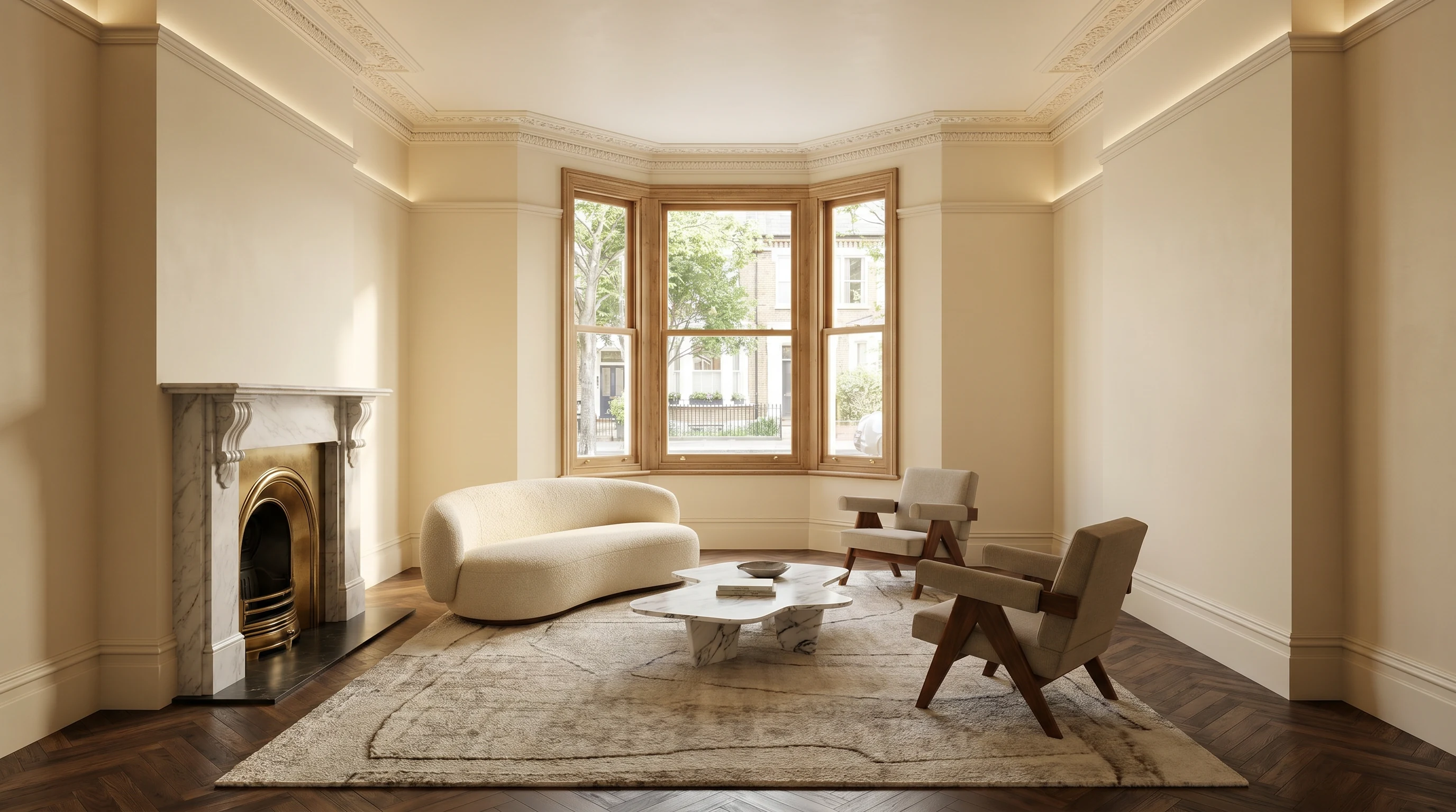 A period reception room visualisation with a marble fireplace, a curved bouclé sofa, and a bay window onto a tree-lined street.