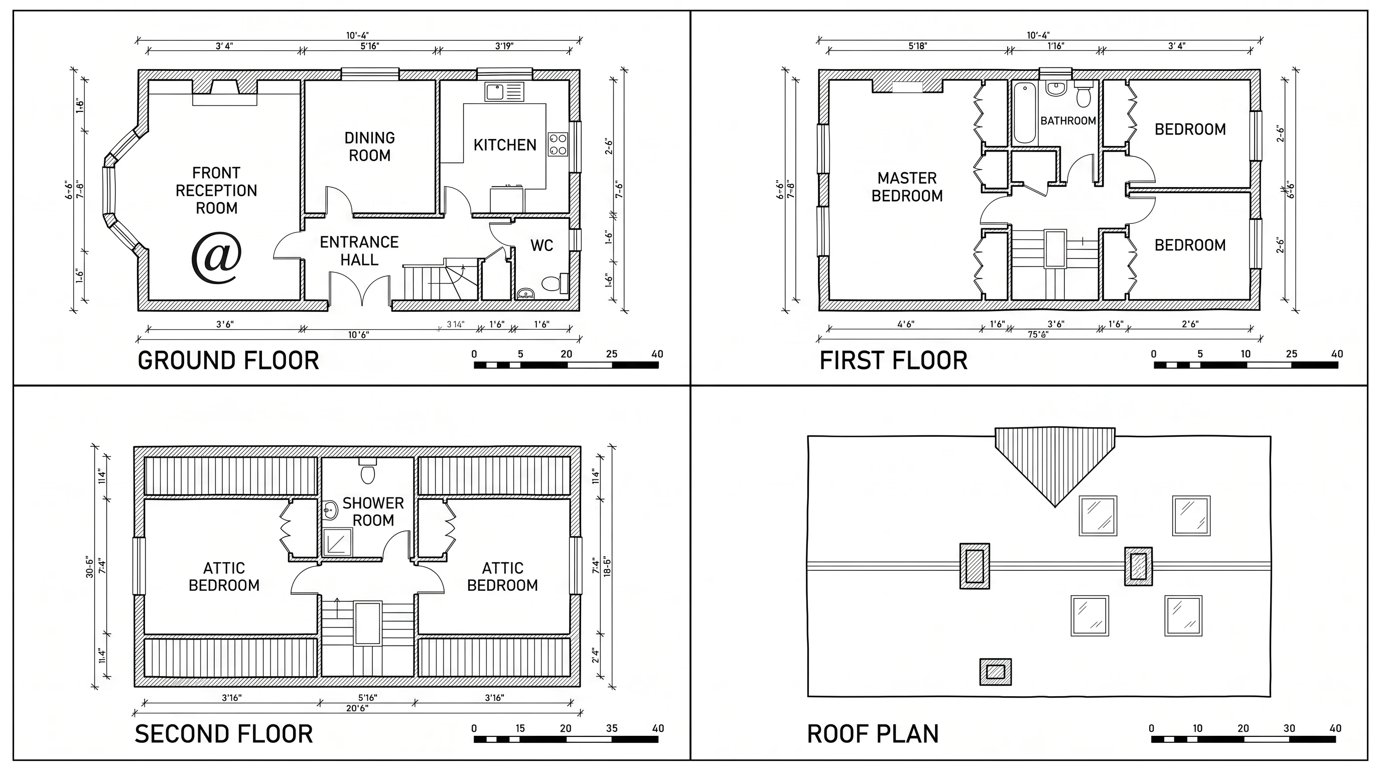 A measured floor-plan set showing ground, first, and second floors with a roof plan, dimensioned to scale.